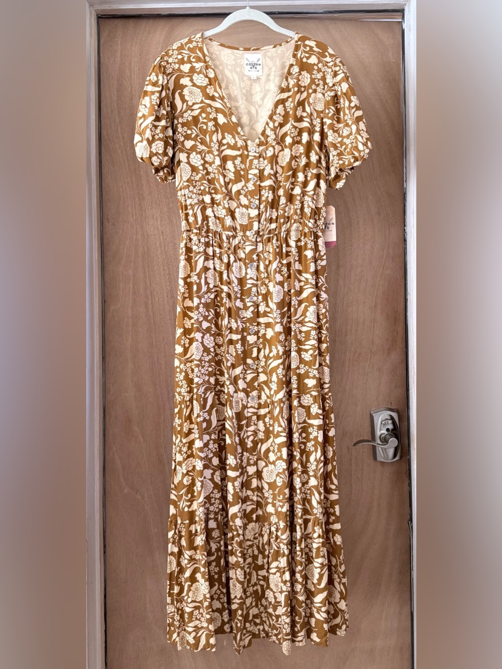 Cotton & Rye The Beth Maxi Dress NWT Mustard Floral Ruffle Hem V Neck Woman’s L